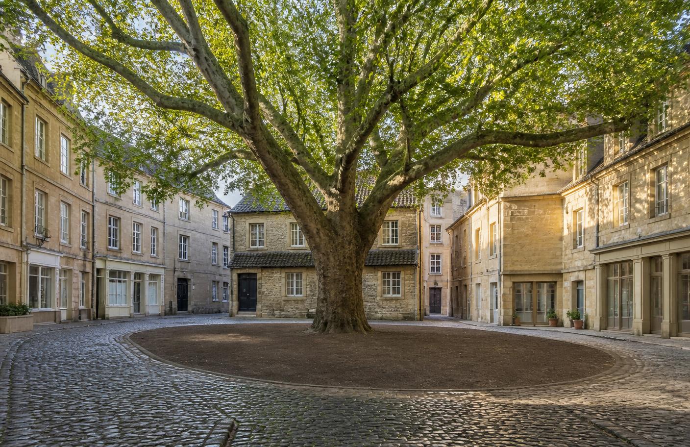 Abbey Green, plaza empedrada de Bath con un gran plátano y fachadas históricas
