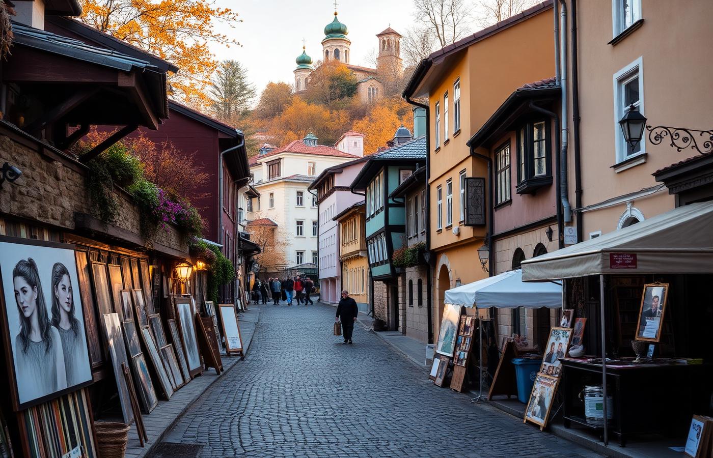 Calle empedrada Andriivskyi Descent de Kyiv con puestos de arte y casas de colores