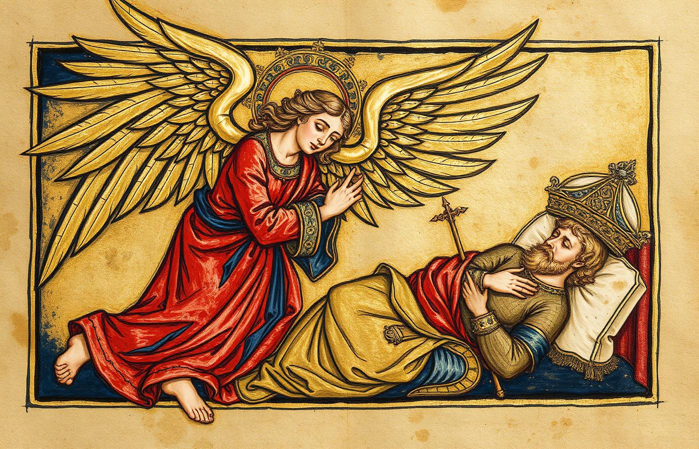 Miniatura medieval de un arcángel apareciéndose a un obispo dormido, con pan de oro sobre pergamino