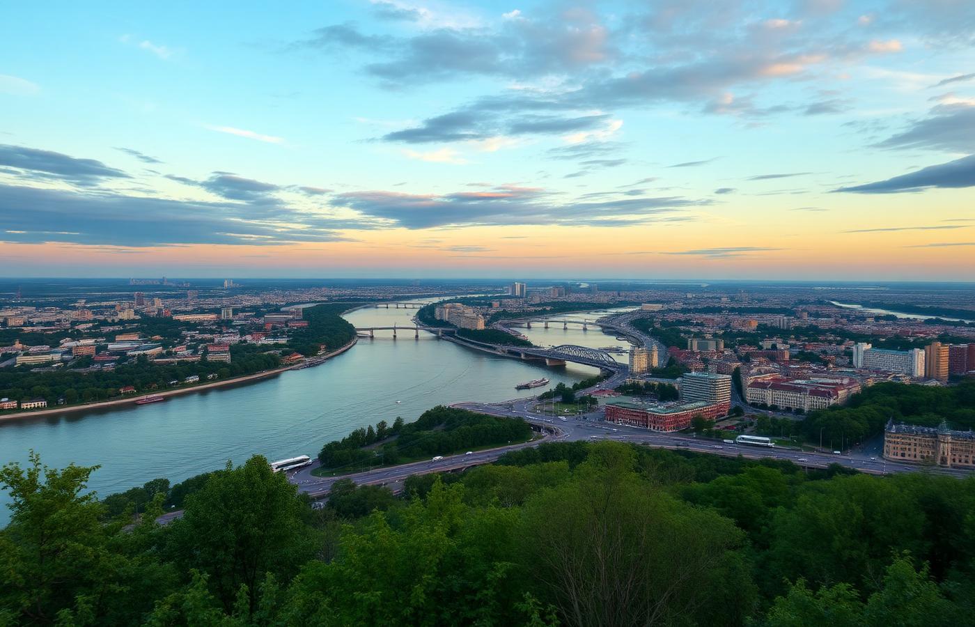 Vista del río Dniéper a su paso por Kyiv desde una colina verde al atardecer