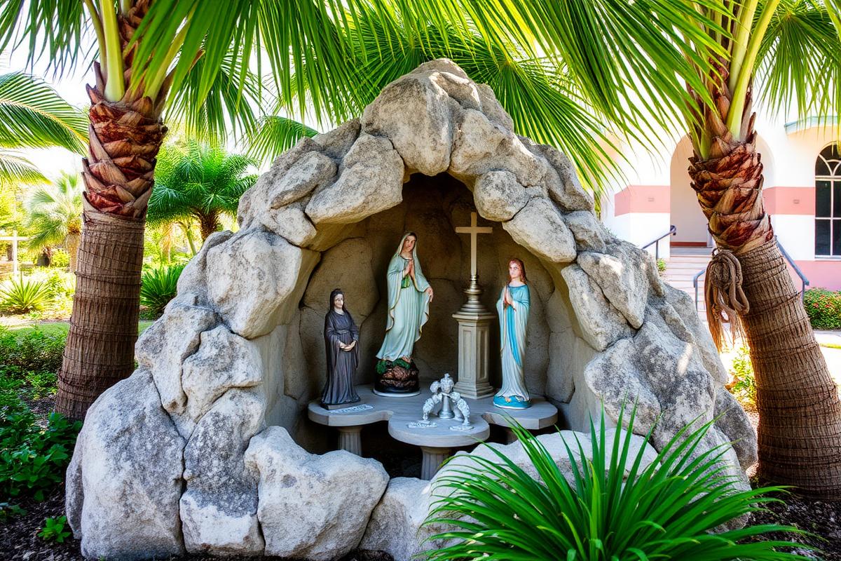 Gruta de piedra con imágenes religiosas rodeada de vegetación tropical en Key West.