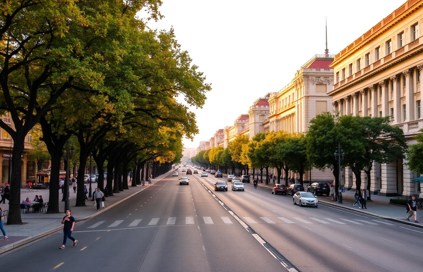 Avenida Khreshchatyk de Kyiv con castaños y edificios monumentales bajo la luz de la tarde