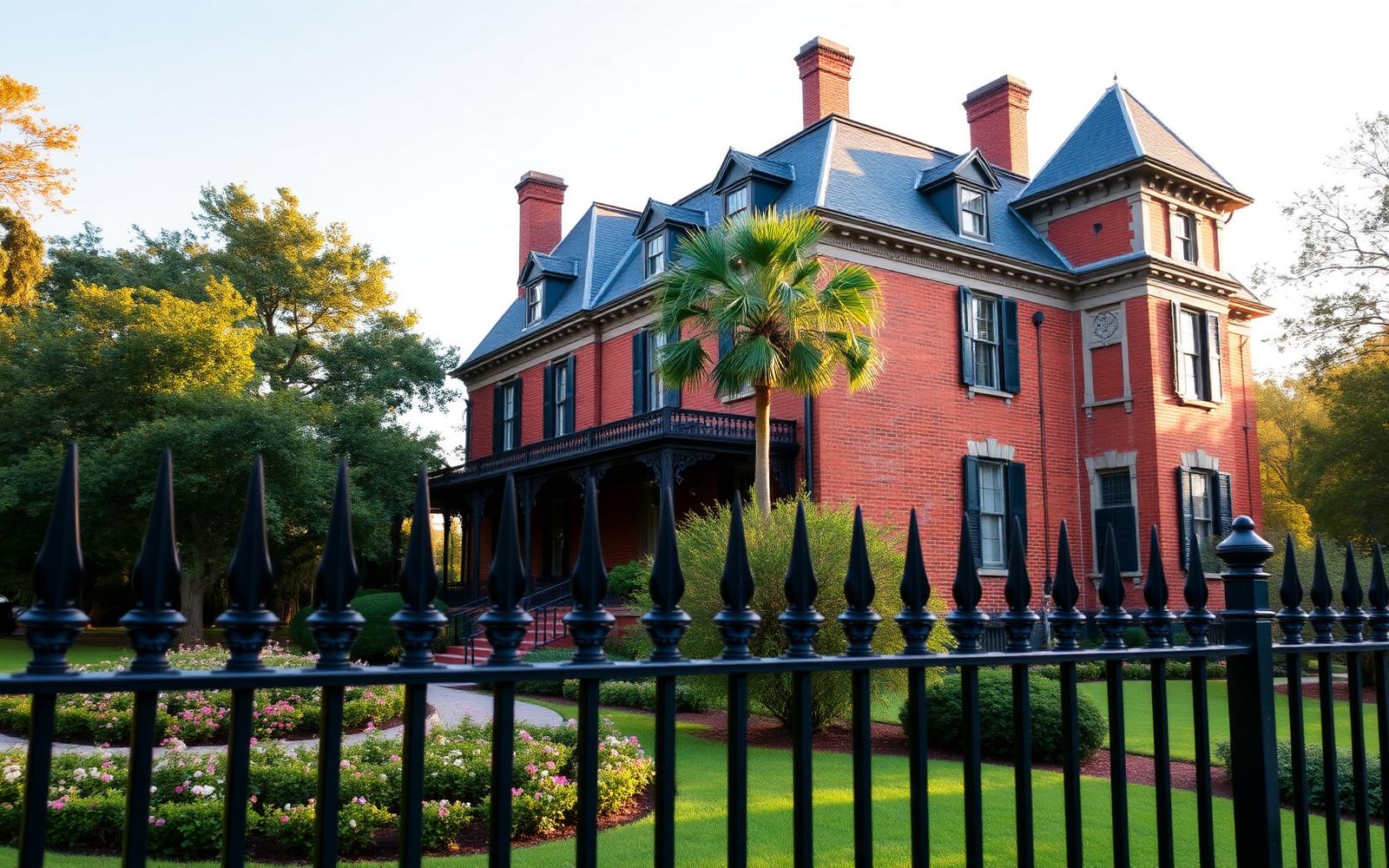 Mansión de ladrillo rojo de estilo italianizante tras una verja de hierro en Savannah