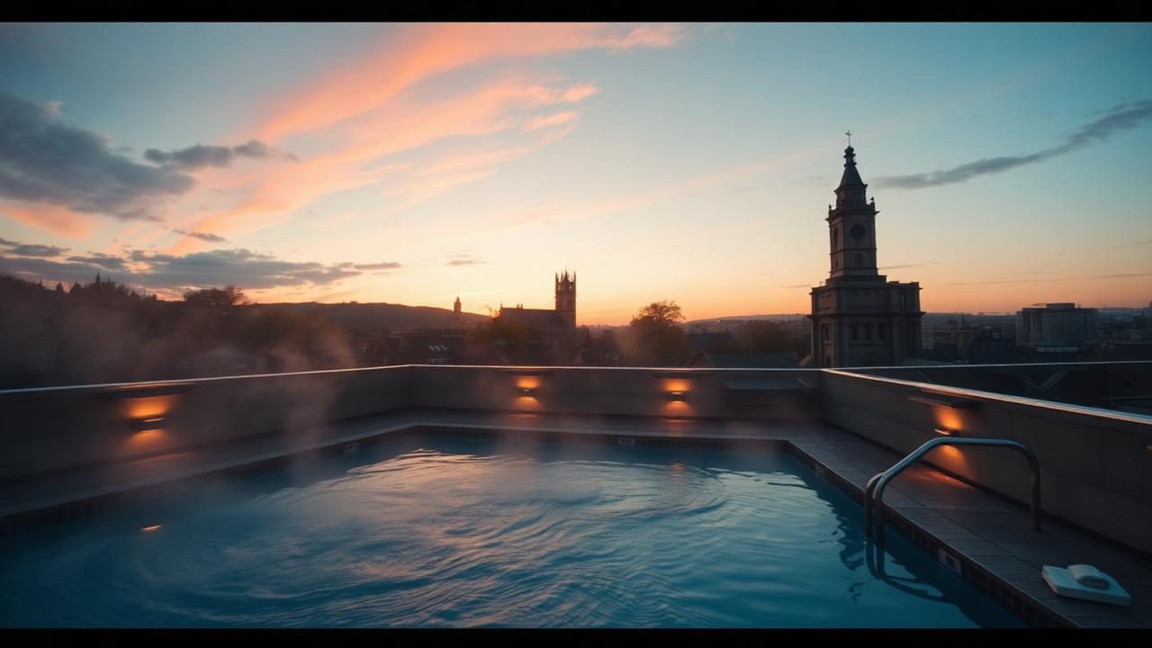 Piscina termal en la azotea de Thermae Bath Spa con vistas a los tejados de Bath