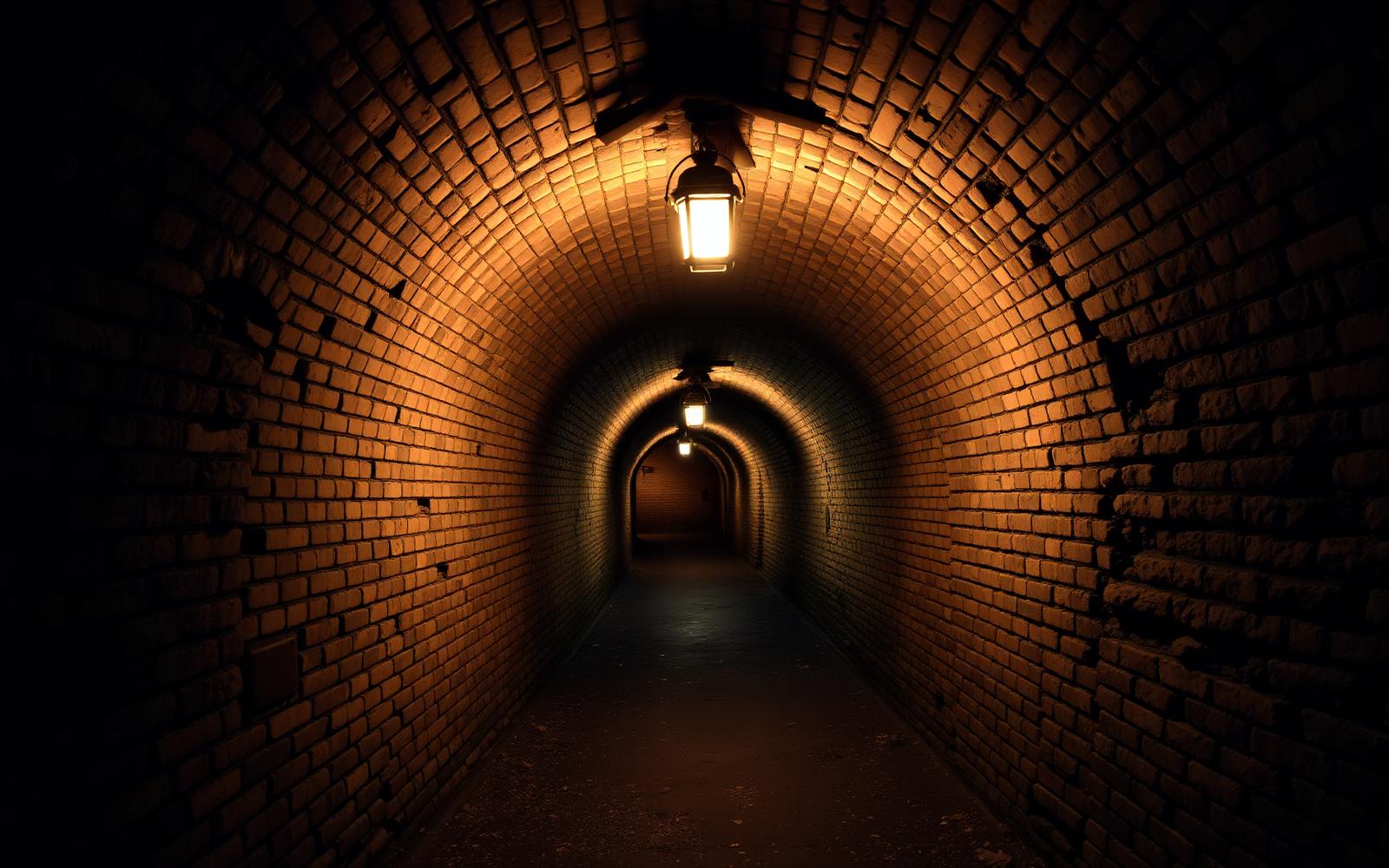 Túnel abovedado de ladrillo iluminado por una linterna