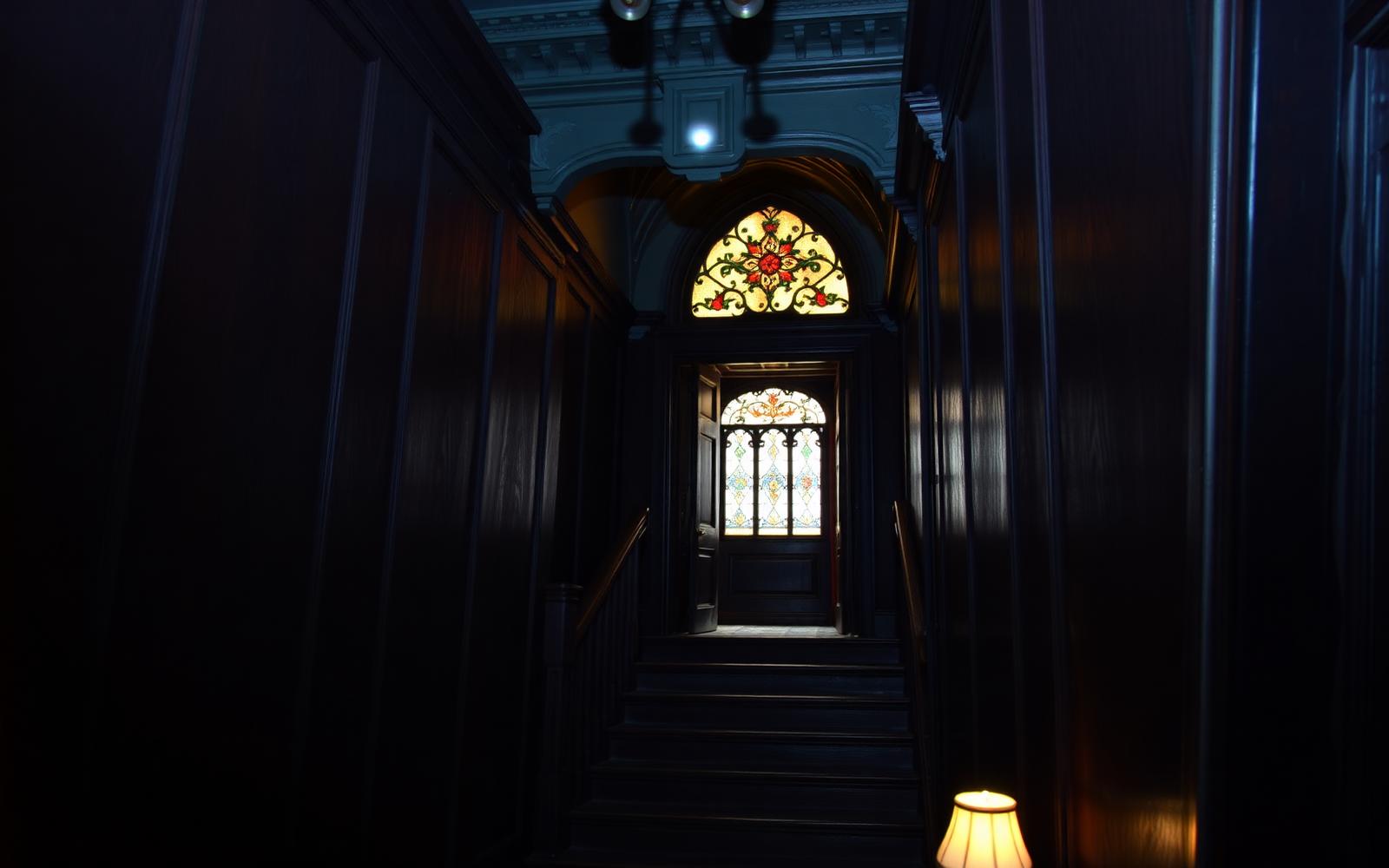 Escalera de madera y vidriera iluminada en el interior en penumbra de una mansión victoriana