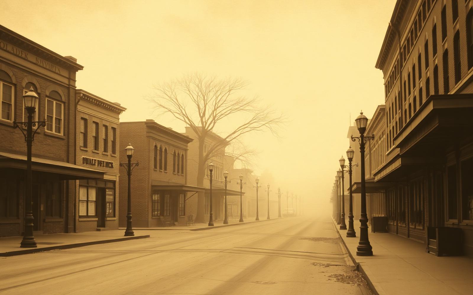 Calle de una ciudad del sur de Estados Unidos en el siglo XIX, vacía y con niebla, tono sepia